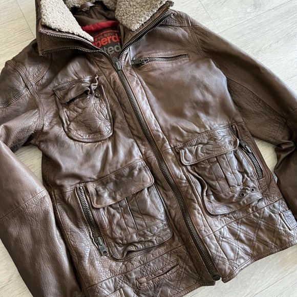 SUPERDRY VINTAGE TARPIT LEATHER MOTO JACKET WITH FAUX FUR COLLAR-SMALL - Picture 3 of 9